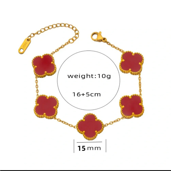 Lucky Four Leaf Clover Bracelet Red Enamel Gold Stainless Steel Adjustable - Picture 5 of 12